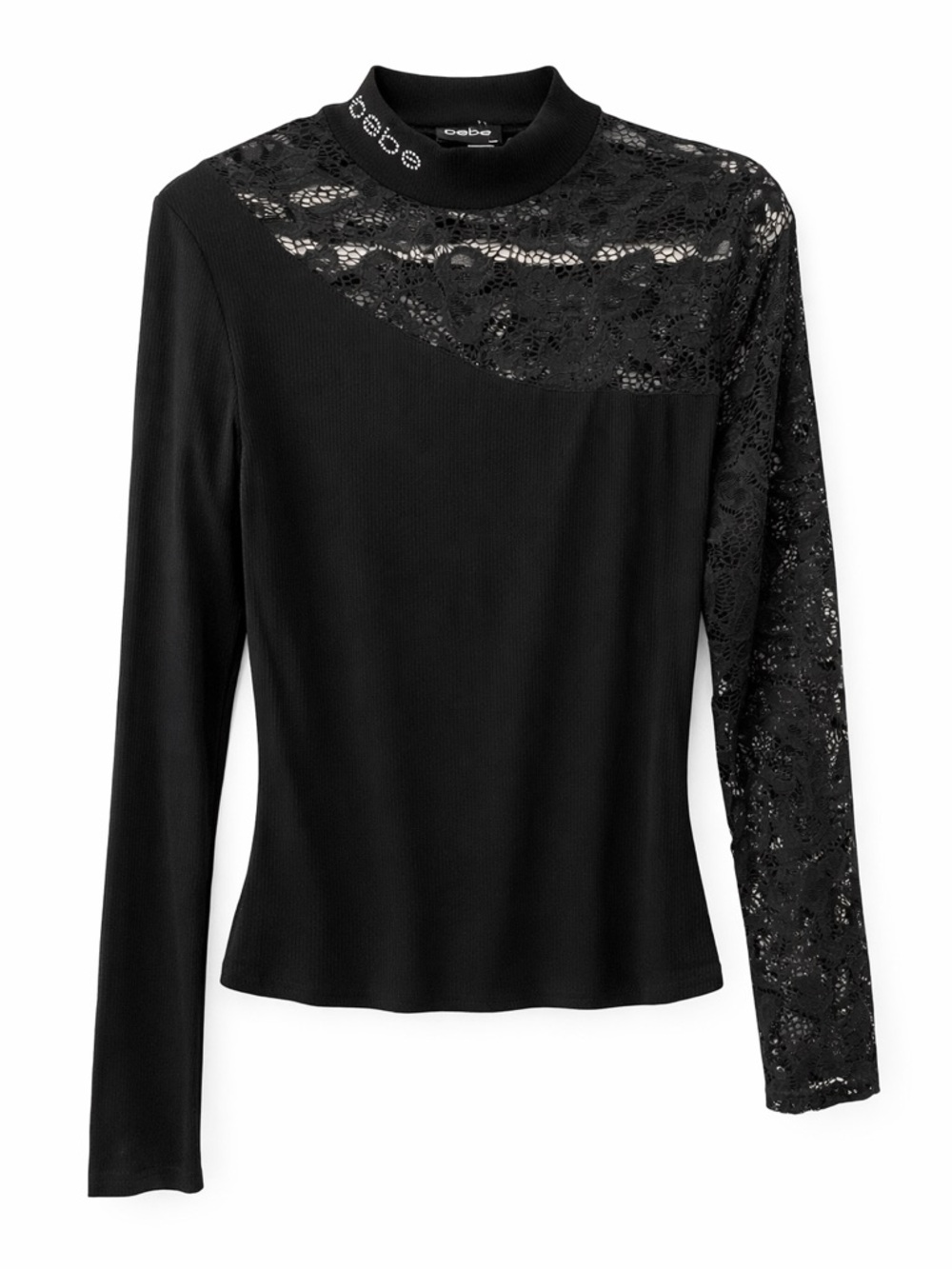 Bebe Black Lace Rhinestone Logo Top Mock Neck Y2K Goth Festival M NWT
